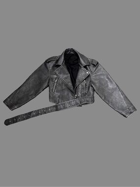 Womens Metallic Gray Moto Cropped Jacket with Belt
